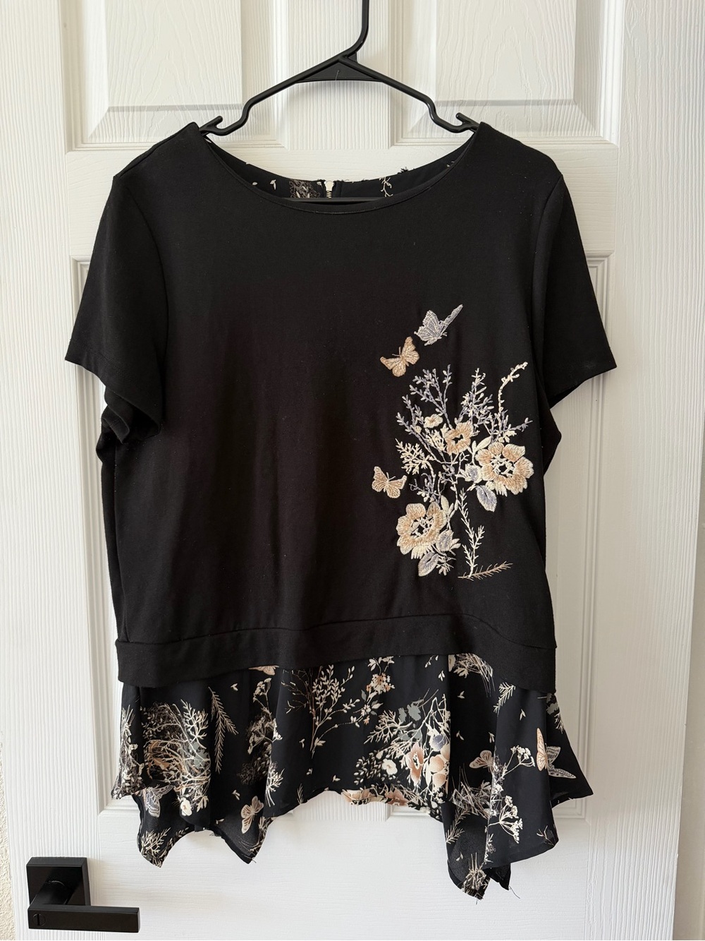 Black Floral & Butterfly Layered Short Sleeve Top